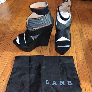 L.A.M.B. Black/white, leather/suede wedges